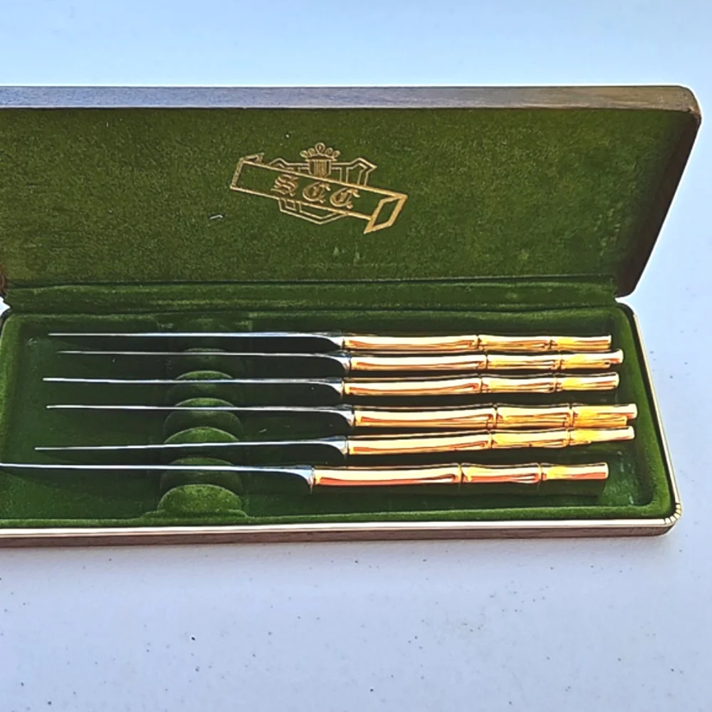 Vtg Supreme Cutlery SCC Gold  Tone Bamboo Flatware Knife Set 6 w/Orig Box